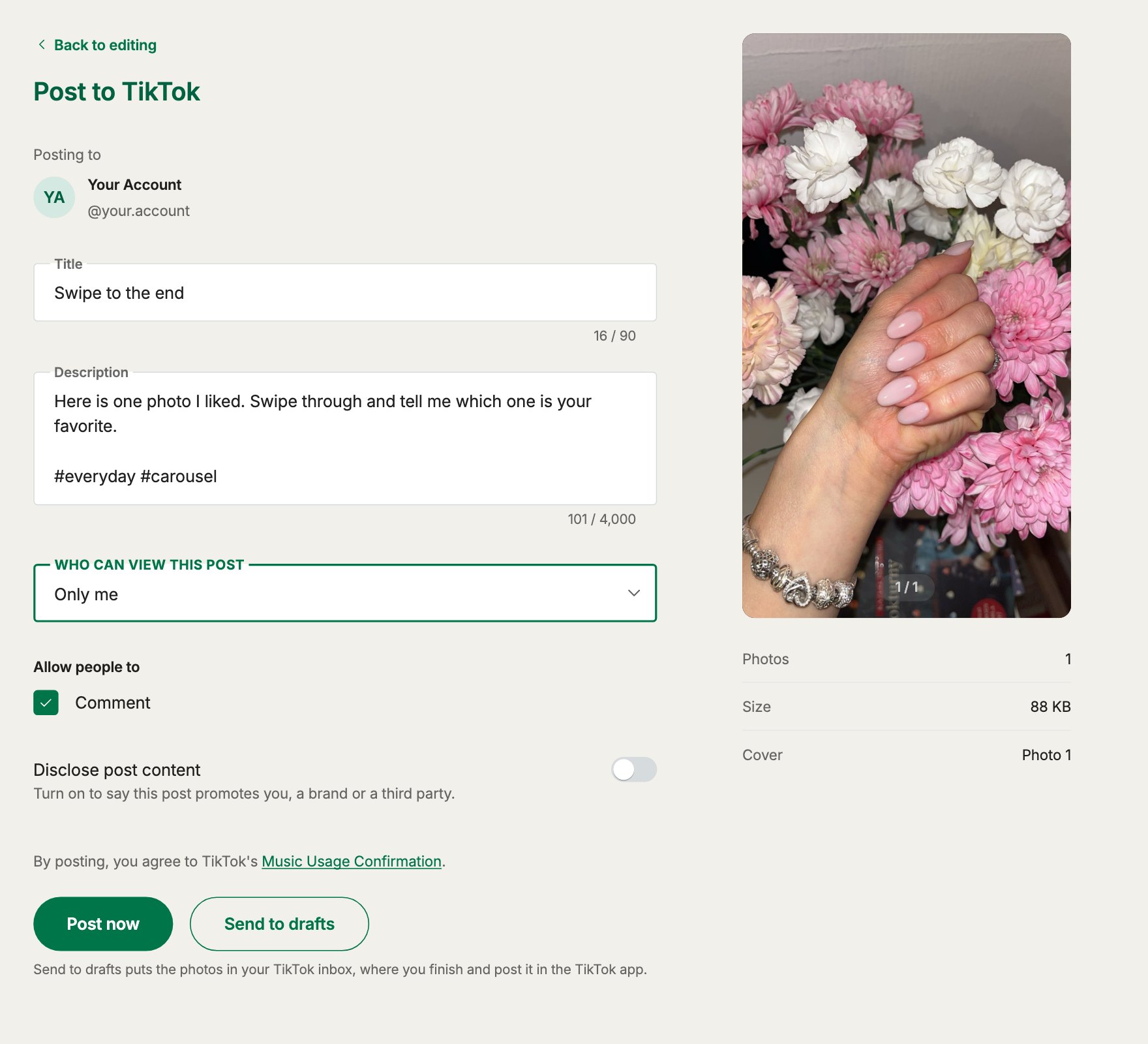 The Post to TikTok screen with the account, privacy, interaction, and disclosure settings