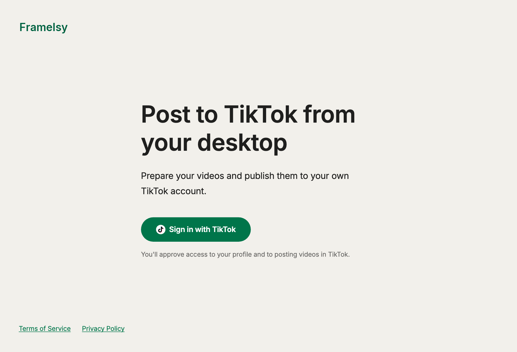 The Framelsy sign-in screen with the Sign in with TikTok button