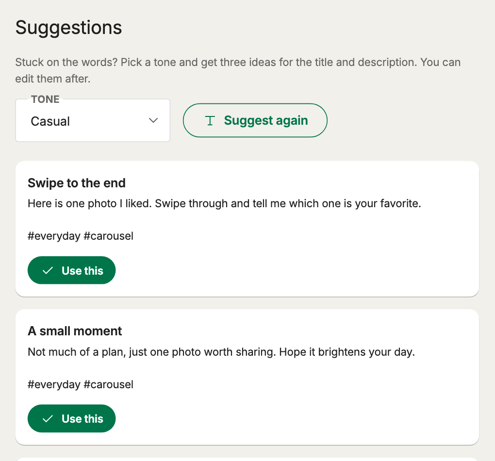 The Suggestions section of the New post screen with three suggested texts